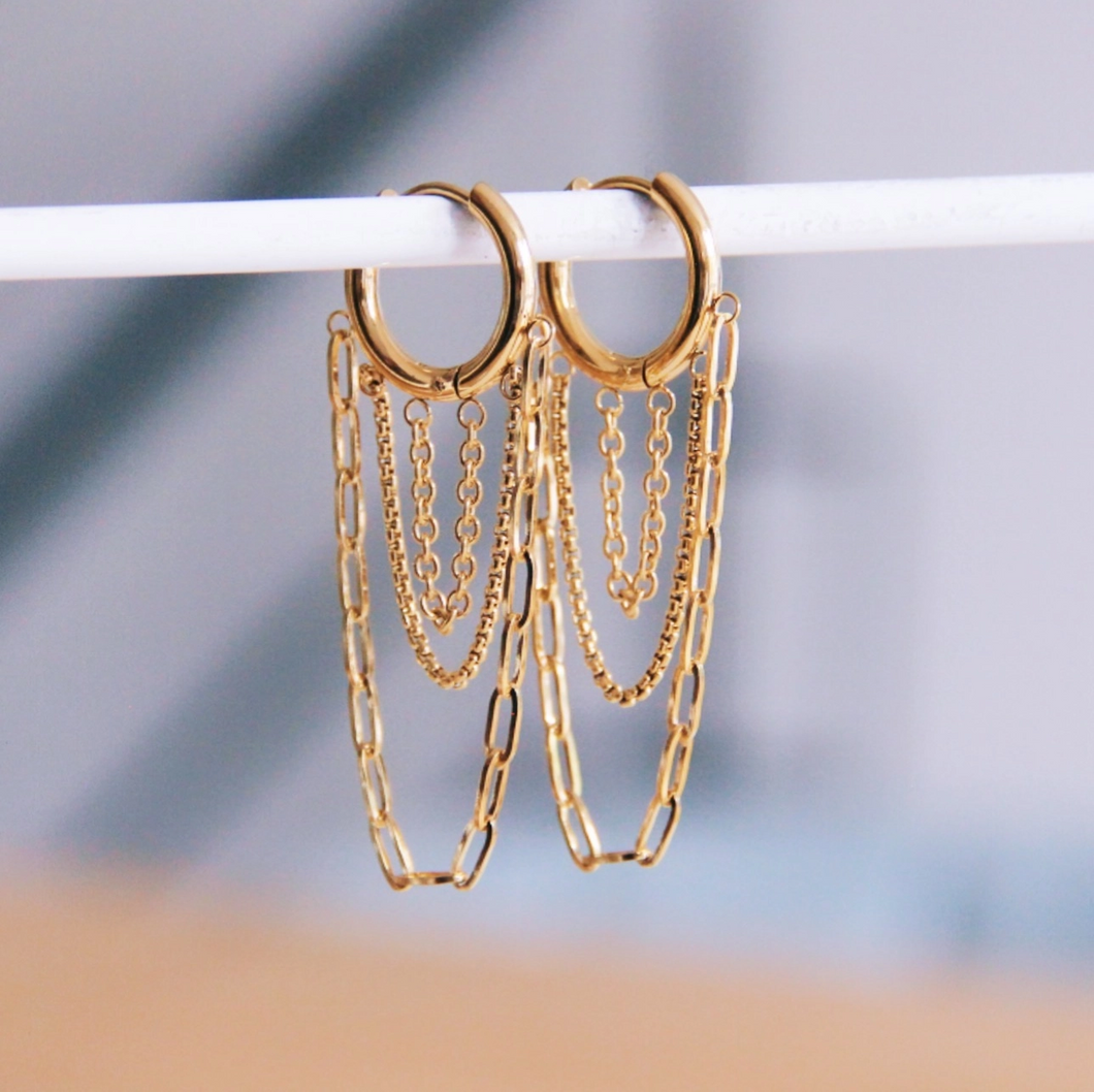 Boucles d'oreilles créoles en acier inoxydable avec chaînes - or