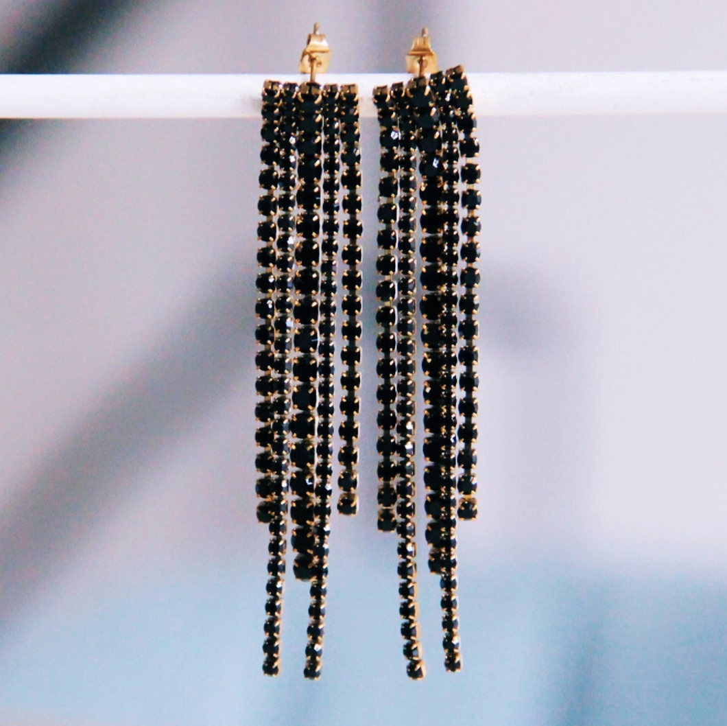 Boucles d'oreilles avec cordons et strass - noir