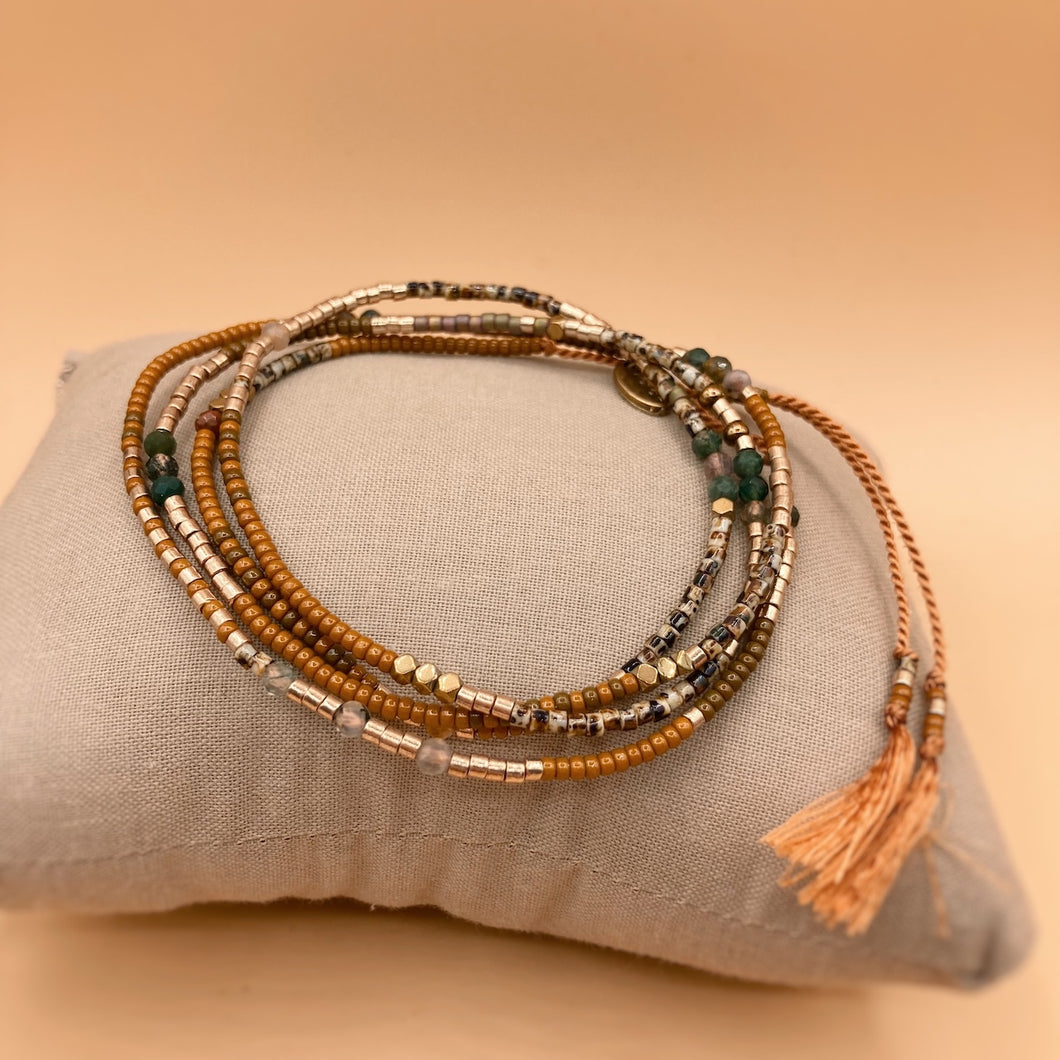 Sautoir / bracelet couleur d'automne AGATES, MIX PERLES, SOIE NATURELLE