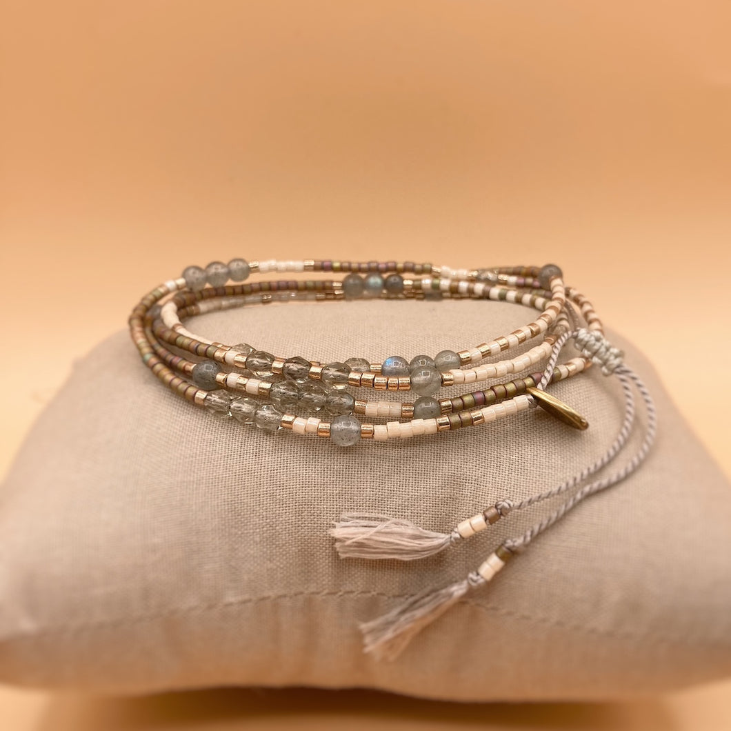 Sautoir / bracelet couleur d'automne LABRADORITES, MIX PERLES, SOIE NATURELLE