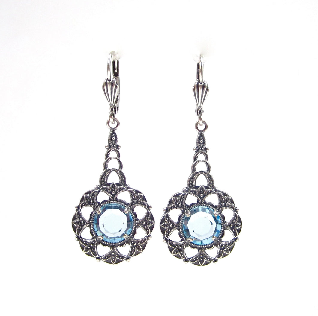 Boucles d'oreilles Art nouveau féeriques argent ancien bleu